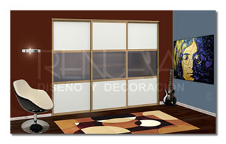 Frente de armario corredera lacado blanco roto satinado + vidrio al acido, perfilería madera de roble barnizado