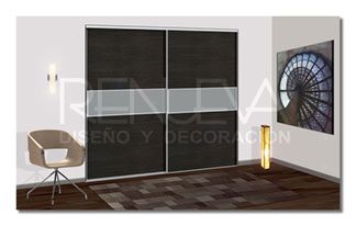 Armario de 2 hojas correderas Melamina Olmo Ceniza, Vidrio al acido, Aluminio plata mate