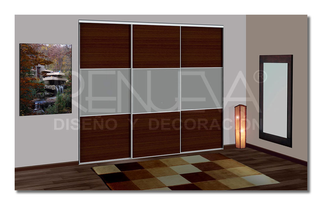 Armario corredera fabricado en roble teñido y vidrio laminar, perfilería modelo Classic uñero aluminio
