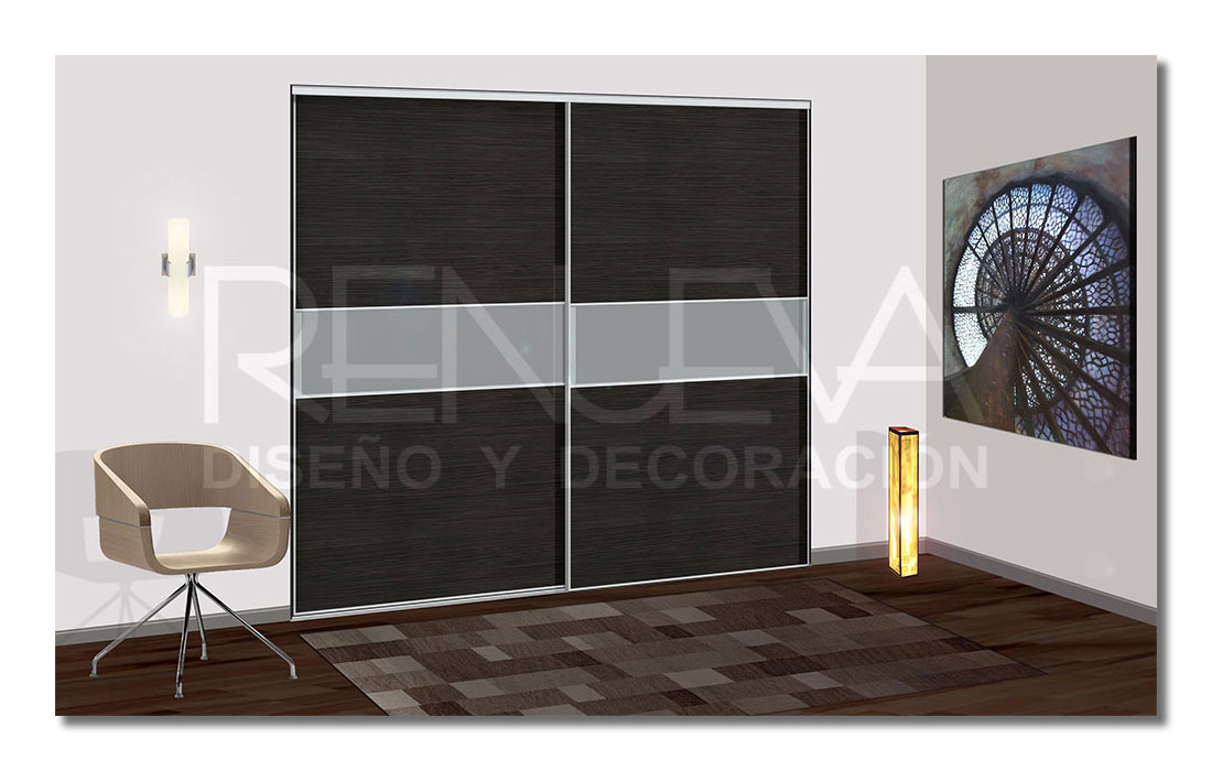 Armario de 2 hojas correderas Melamina Olmo Ceniza, Vidrio al acido, Aluminio plata mate