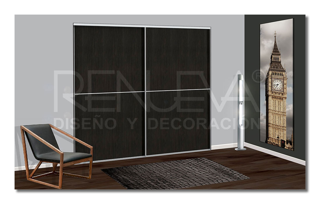 Armario corredera de 2 puertas, color Olmo Ceniza, Perfileria modelo Minimal acabado plata mate