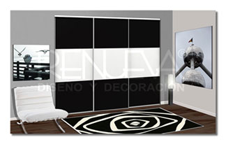 Frente corredera de 3 hojas, blanco y negro, perfilería Minimal aluminio plata mate