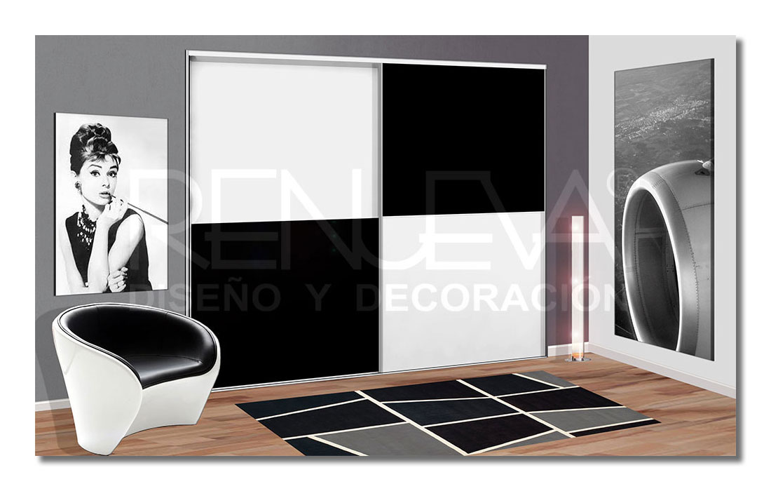 Armario de 2 hojas correderas, Melamina blanco y negro, perfilería modelo minimal plata mate