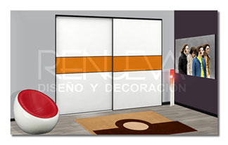 Armario corredera acabado blanco + vidrio naranja, perfilería Minimal negro alto brillo
