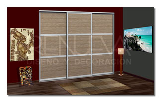 Armario de 3 puertas correderas melamina Color Roble natural, Perfilería modelo Máximal aluminio plata mate