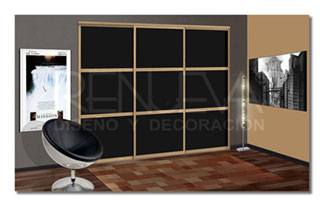 Armario de 3 hojas correderas, melamina Color negro liso Soft, perfilería Máximal madera de roble aceitado
