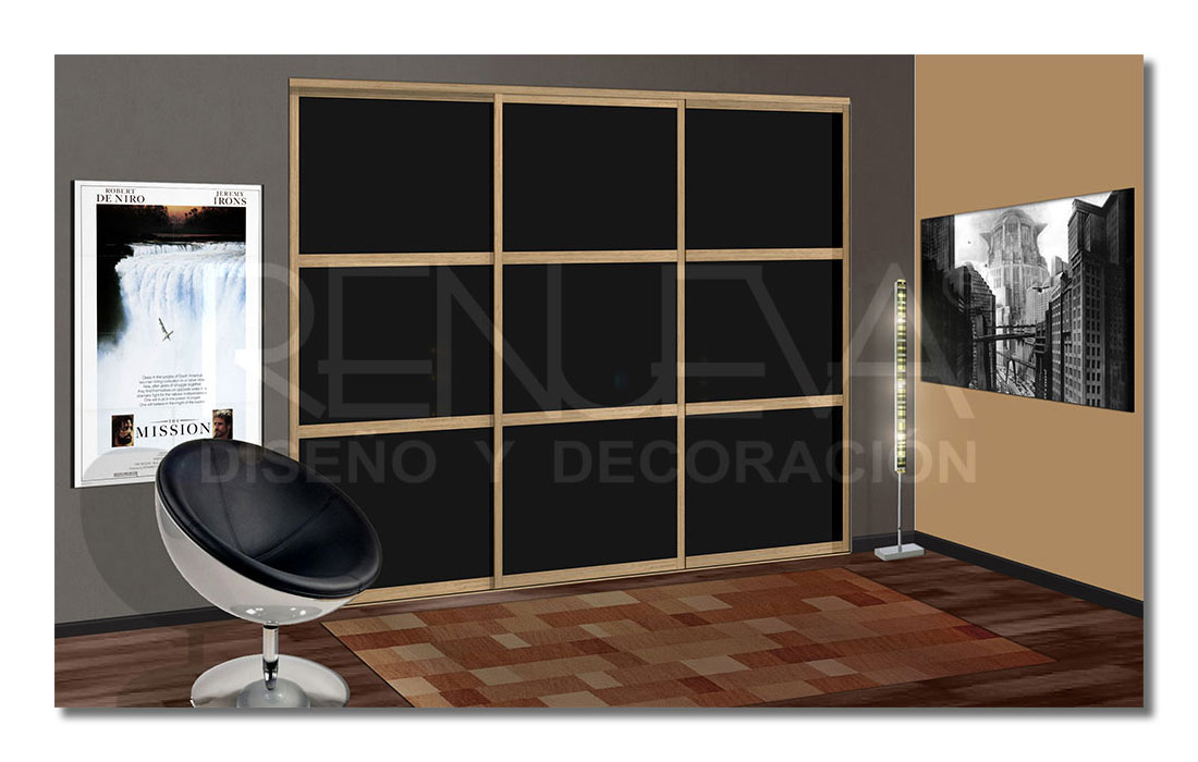 Armario de 3 hojas correderas, melamina Color negro liso Soft, perfilería Máximal color roble