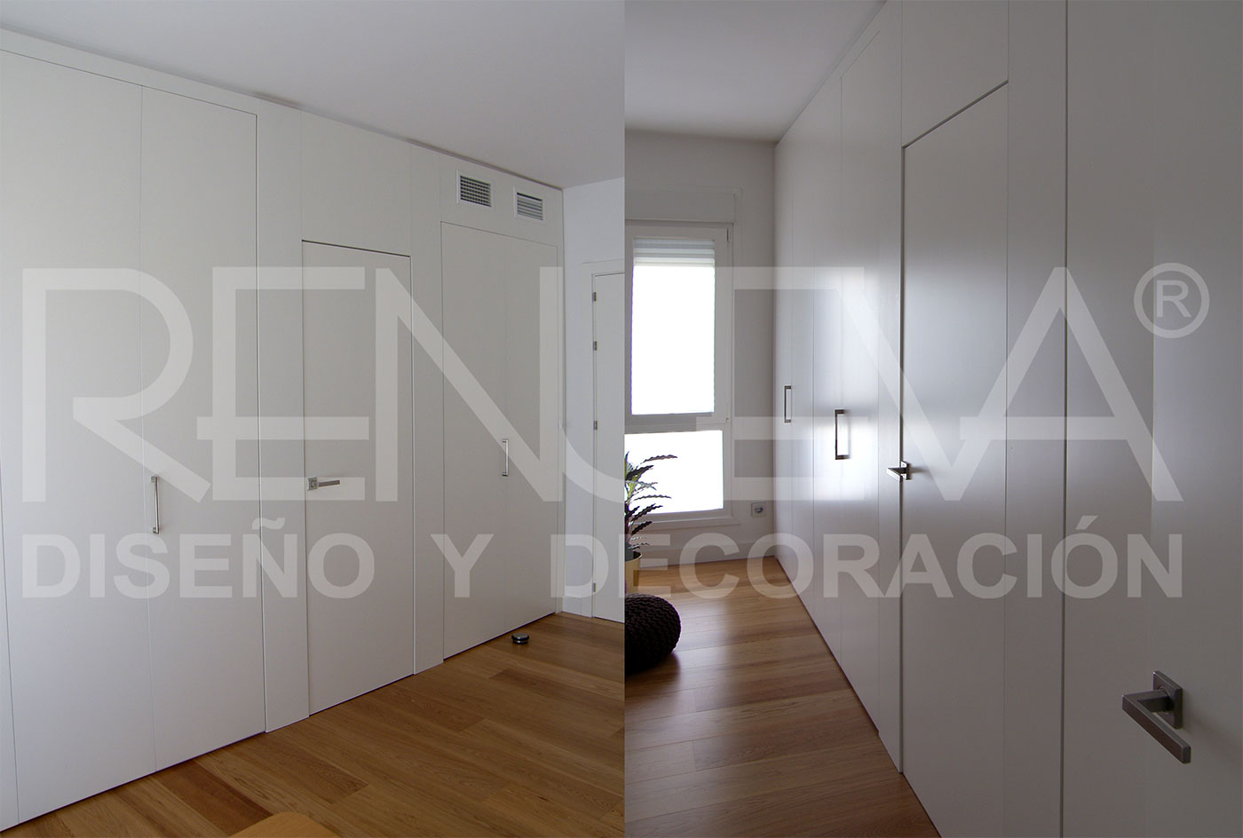 Armarios y puerta coplanares, revestimiento de madera lacada