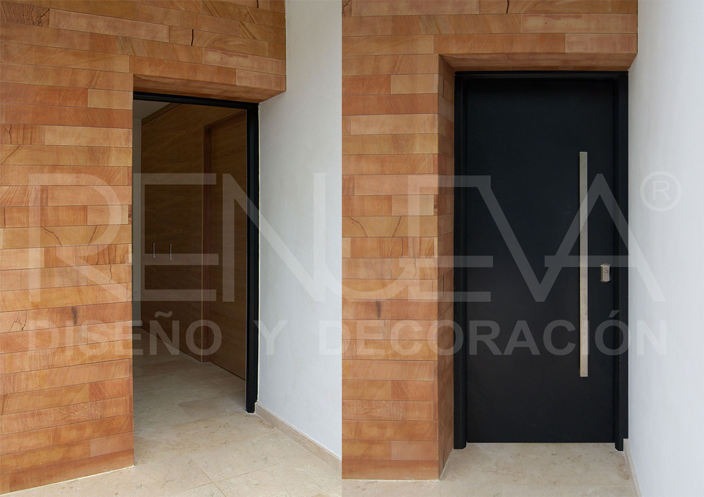 revestimiento de pared a juego con aplacado de piedra y puerta acorazada de acero color negro