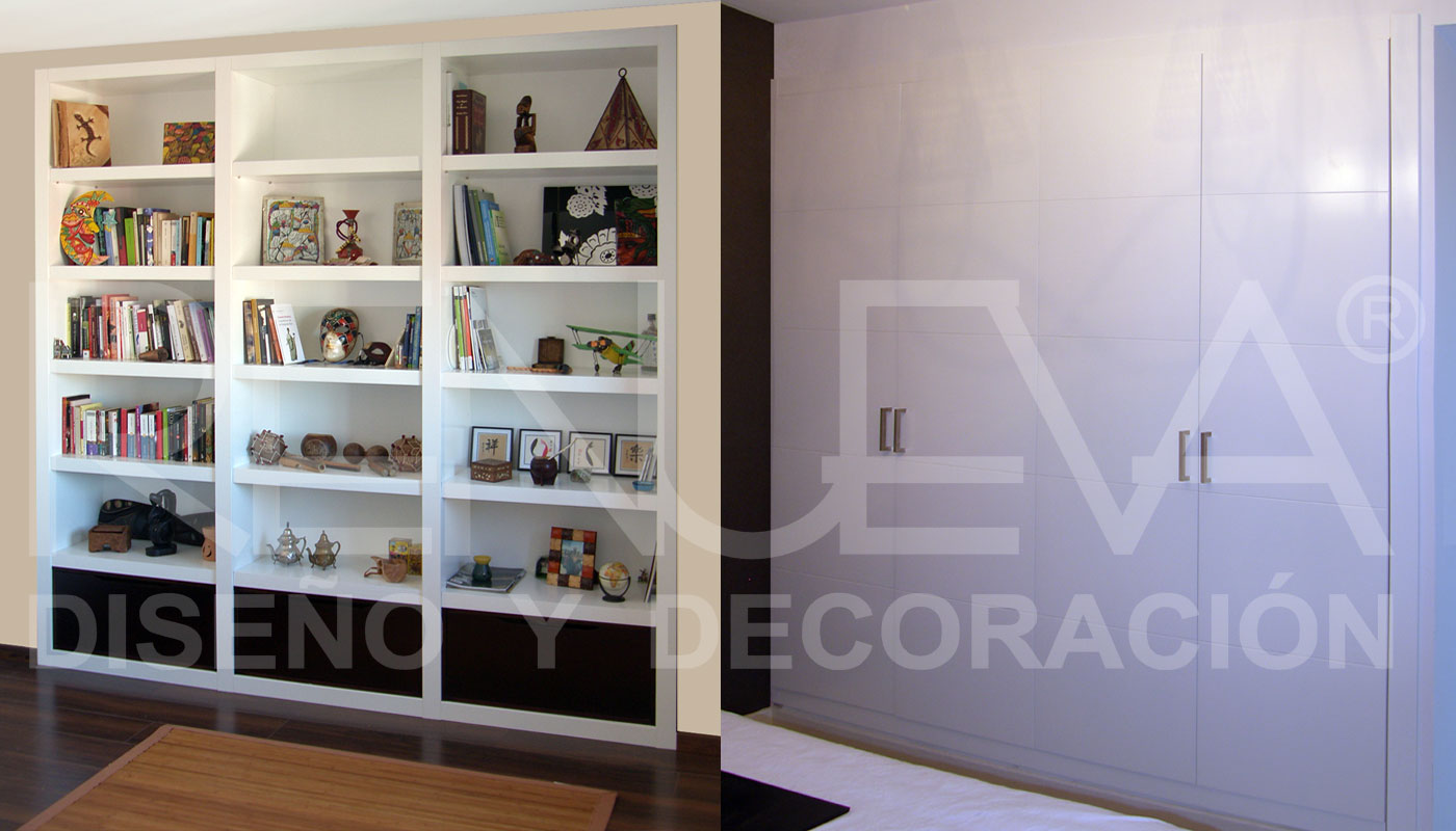 Mueble de diseño lacado blanco y cajones madera wengué, armario plegable lacado rallado