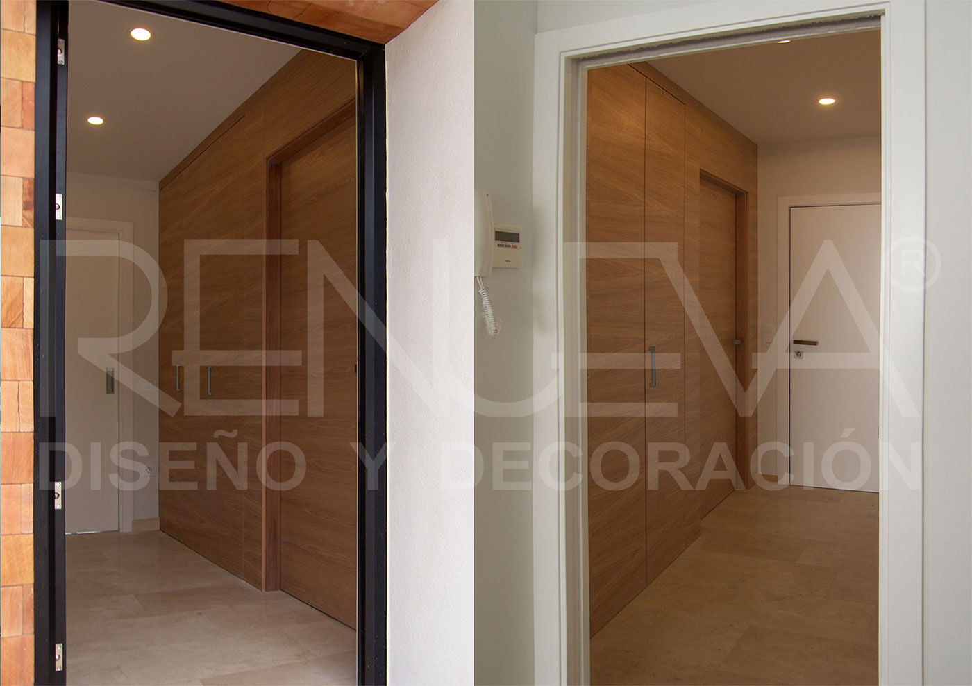Revestimiento de pared con puerta y armario, madera barnizada