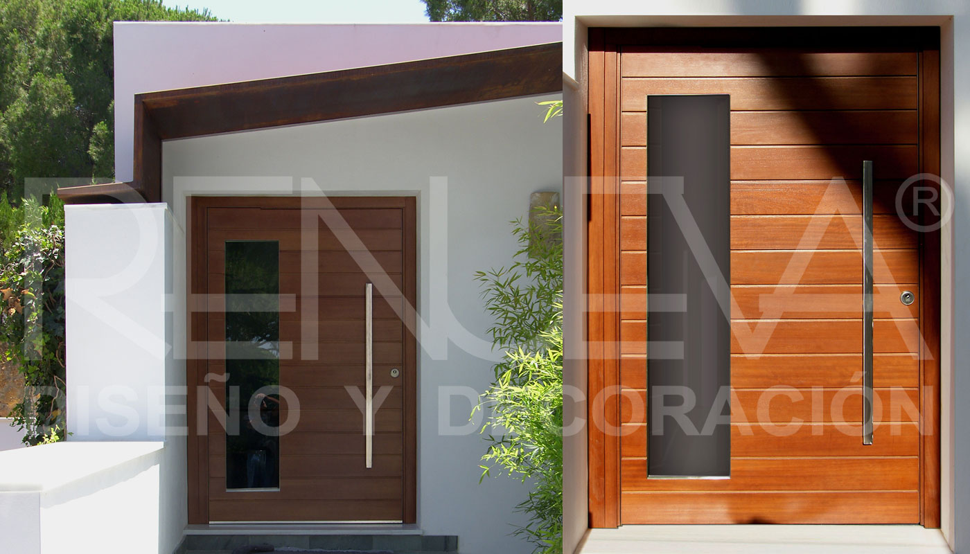 Puerta de entrada de eje pivotante fabricada en madera de iroko, diseño de visera de acero corten