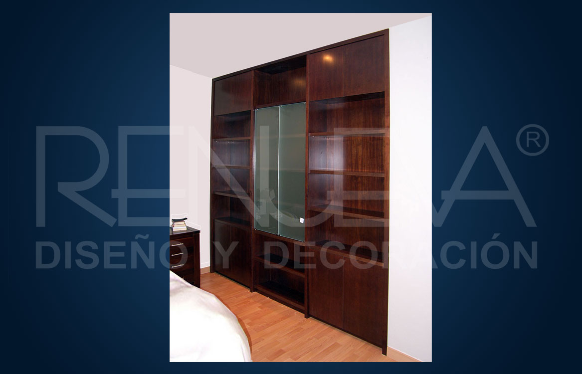 Mueble estanteria de madera teñida y puertas de vidrio
