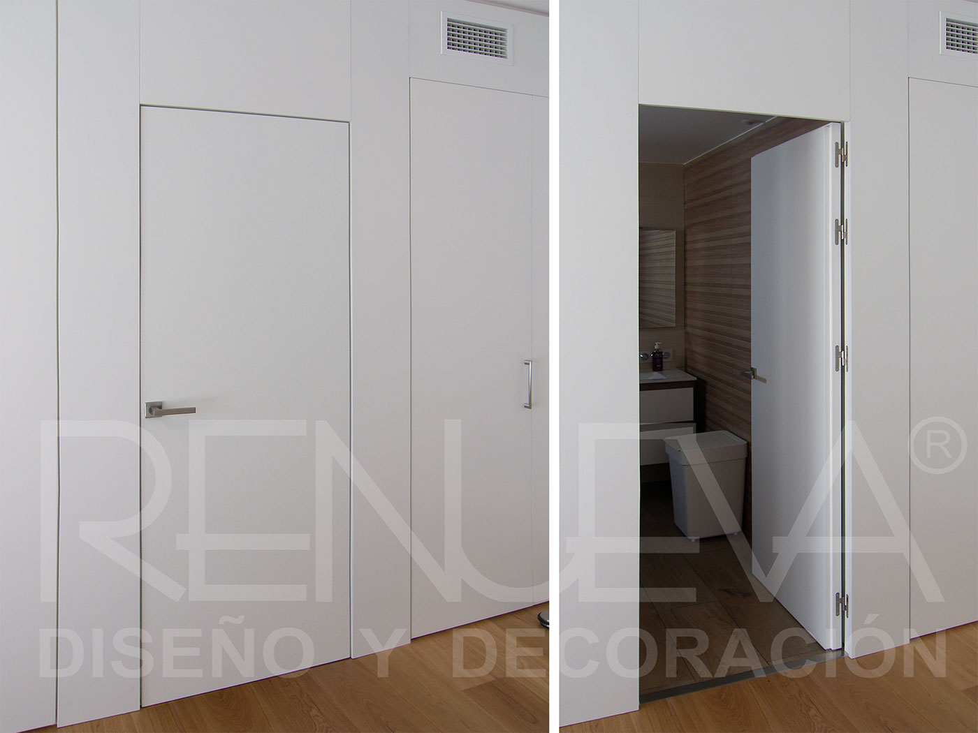 Revestimiento de pared con puerta y armario, acabado lacado blanco